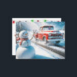 Christmas Snowman and Red Retro Truck Holiday Postcard<br><div class="desc">A cheerful snowman stands beside a road as a vintage red truck drives by in a snowy landscape from a business to a customer.
All text can be changed.</div>