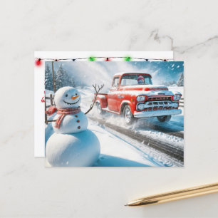 Christmas Snowman and Red Retro Truck Holiday Postcard