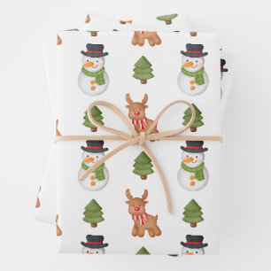 Christmas Snowman and Reindeer White  Wrapping Paper Sheet