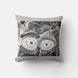 Christmas Snowman and Snow woman Throw Pillow