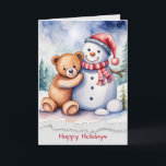 Christmas Snowman and Teddy Bear Card<br><div class="desc">Watercolor teddy bear hugging a snowman in winter forest with torn edge paper border for Christmas.
All text can be edited.</div>