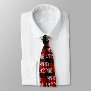 Christmas Snowman and Tree On Buffalo Plaid Tie