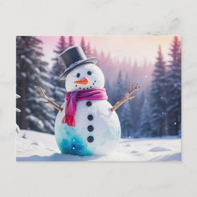 Christmas Snowman and Winter Forest  Holiday Postcard (Front)