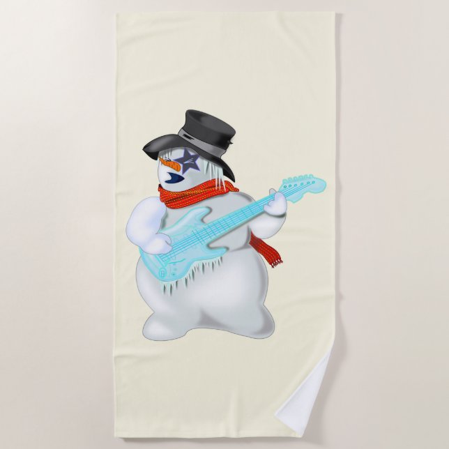 Christmas Snowman Beach Towel Guitar Player (Front)