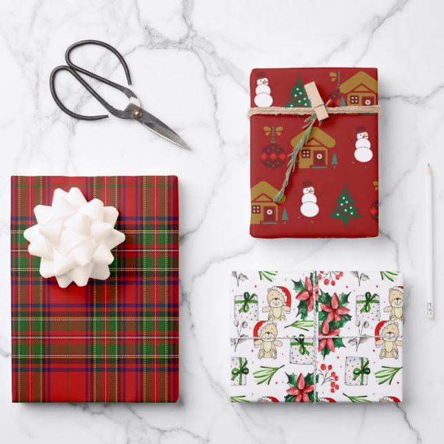Christmas Snowman Bear Gingerbread House Red Green Wrapping Paper Sheet (Front)