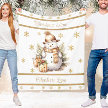 Christmas Snowman Blanket With Name Gold