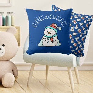 Christmas Snowman Boys Name   Blue Throw Pillow