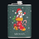 Christmas Snowman Candy Cane Hip Flask<br><div class="desc">This cute snowman having a cozy time in a stocking is perfect for the cold winter day or night. You can customize the name by clicking the "personalize" button to make it your own</div>