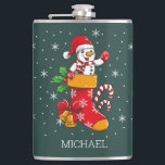 Christmas Snowman Candy Cane Hip Flask<br><div class="desc">This cute snowman having a cozy time in a stocking is perfect for the cold winter day or night. You can customize the name by clicking the "personalize" button to make it your own</div>