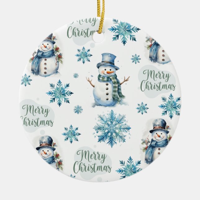 Christmas Snowman  Ceramic Ornament (Front)