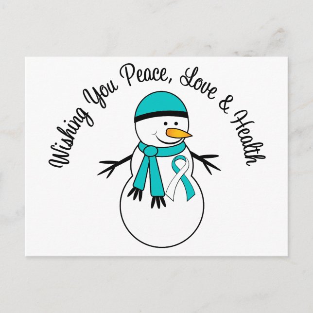 Christmas Snowman Cervical Cancer Ribbon Holiday Postcard (Front)