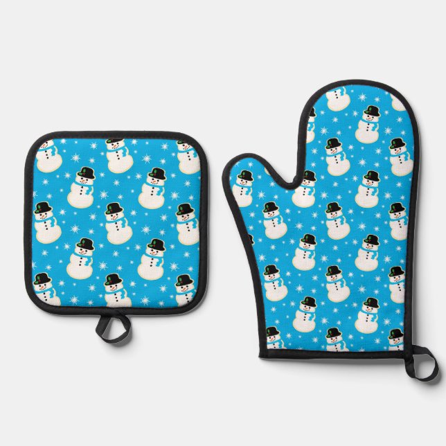 Christmas Snowman Cookie Pattern Oven Mitt & Pot Holder Set (Front)