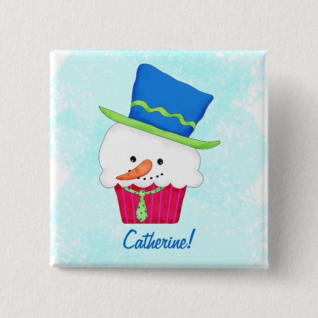 Christmas Snowman Cupcake Name Badge Personalized 2 Inch Square Button (Front)