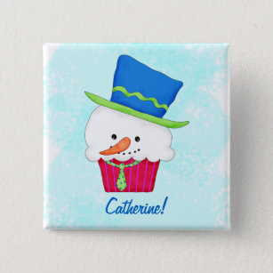 Christmas Snowman Cupcake Name Badge Personalized 2 Inch Square Button