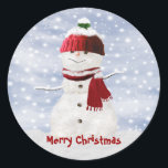 Christmas Snowman Customizable Stickers<br><div class="desc">Happy Snowman customizable Christmas stickers to add a little extra festive fun to all your Christmas post and parcels. The stickers feature a smiling snowman wearing bobble hat and scarf, against a pretty snow filled sky. For an especially personalized touch, the text on these stickers can be customized according to...</div>