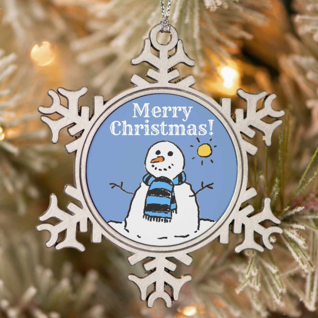 Christmas Snowman Design with Merry Christmas Snowflake Pewter Christmas Ornament (Creator Uploaded)