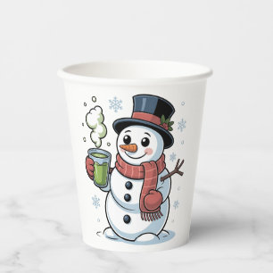 Christmas Snowman Drinkinh Green Matcha Paper Cups