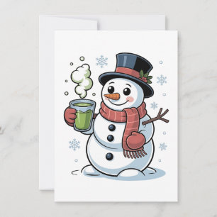 Christmas Snowman Drinkinh Green Matcha Thank You Card