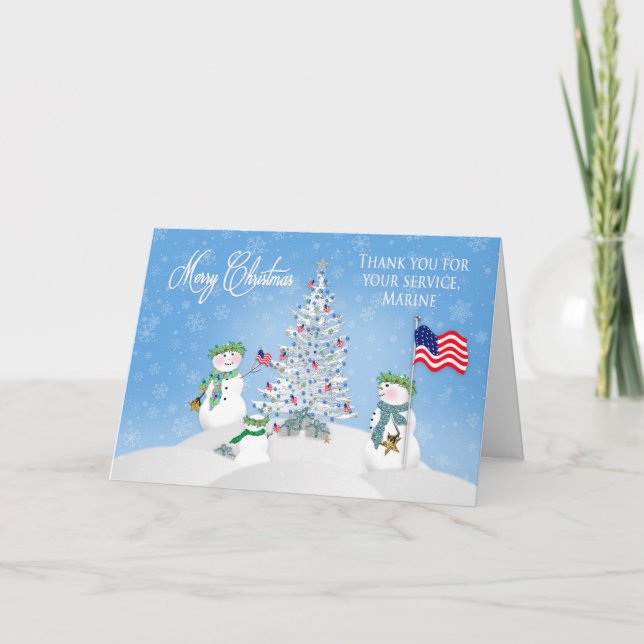 CHRISTMAS - Snowman Family - MARINE - PATRIOTIC Holiday Card (Front)