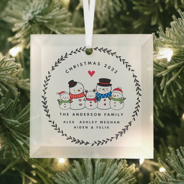 Christmas Snowman Family of Five Glass Ornament (Insitu)