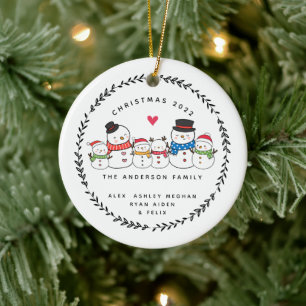 Christmas Snowman Family of Six Ceramic Ornament