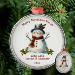 Christmas Snowman Gift For Nanna Metal Ornament<br><div class="desc">A Christmas Snowman Gift for Nanna Metal Ornament with Children's Names. This cute Vintage Style Snowman makes a great gift from the grandchildren to their Nanna (or Grandma). Designed with a Jolly Snowman, dress in a Black Hat and Red Scarf and accents of Green and Red Holly Branches on a...</div>