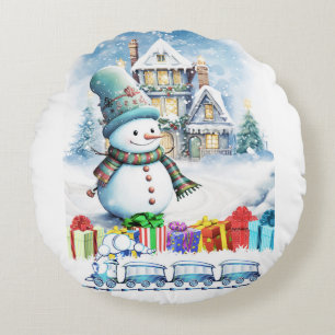 CHRISTMAS SNOWMAN GIFTS AND TOY TRAIN ROUND PILLOW