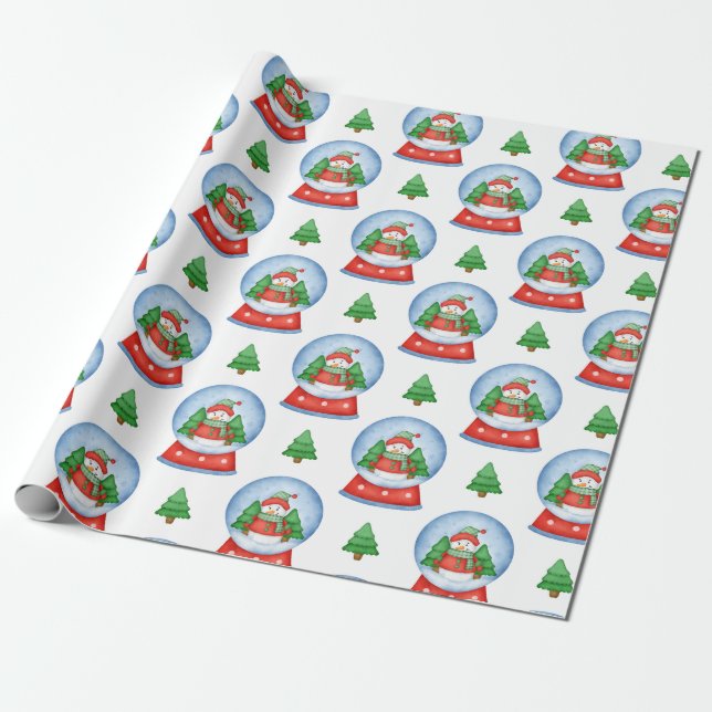 Christmas Snowman Globe and Christmas Trees  Wrapping Paper (Unrolled)