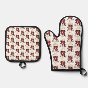 Christmas Snowman Gold Merry Christmas Text Oven Mitt & Pot Holder Set