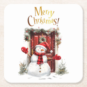 Christmas Snowman Gold Merry Christmas Text Square Paper Coaster
