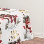 Christmas Snowman Gold Merry Christmas Text Tablecloth<br><div class="desc">Christmas Snowman with a carrot nose and santa hat. Merry Christmas text in gold</div>