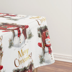 Christmas Snowman Gold Merry Christmas Text Tablecloth