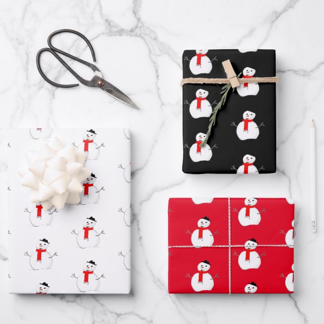 Christmas snowman holiday red black stylish wrapping paper sheet (Front)