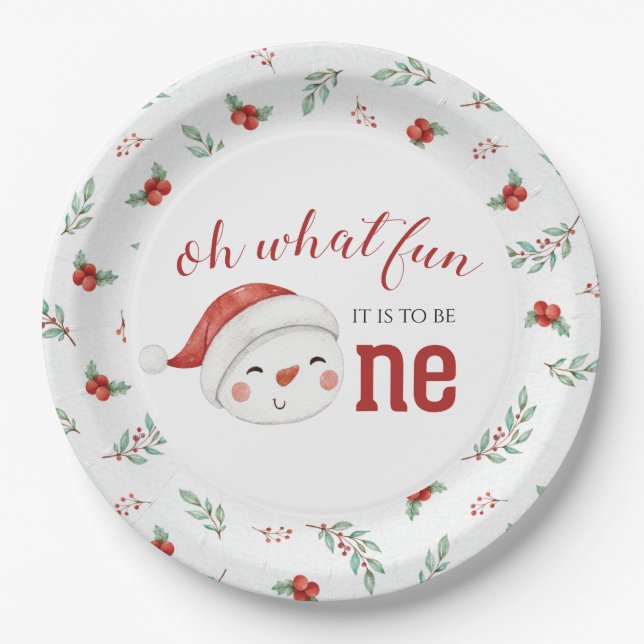 Christmas Snowman Holly First Birthday Paper Plate (Front)