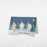 Christmas Snowman Houses Rabbit Trees Watercolor Holiday Card<br><div class="desc">Watercolor houses with a snowman,  rabbit,  pine trees and snow under a star lit night.</div>