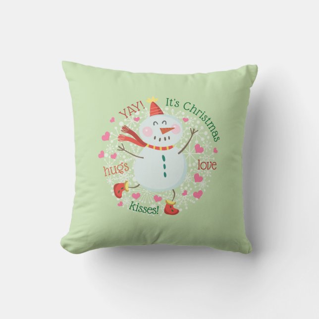Christmas Snowman Hugs Love Kisses Green Throw Pillow (Front)