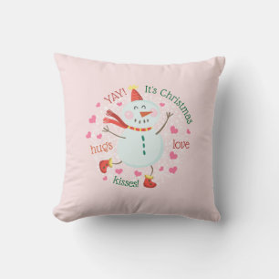 Christmas Snowman Hugs Love Kisses Pink Throw Pillow