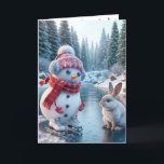 Christmas Snowman Ice Skating Holiday Card<br><div class="desc">A cheerful snowman ice skating on a frozen pond wearing a red hat and scarf stands on an icy surface accompanied by a curious rabbit.
Text can be changed.</div>