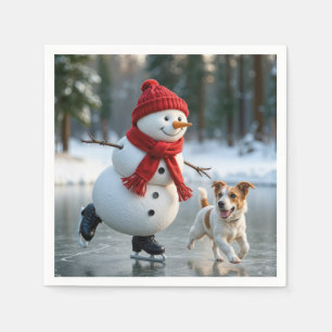Christmas Snowman Ice Skating With Dog Napkin