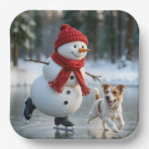 Christmas Snowman Ice Skating With Dog Paper Plate