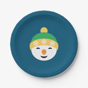 Christmas Snowman in Green Hat on Blue Paper Plate