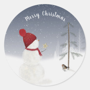 Christmas snowman in snowflakes classic round sticker