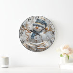 Christmas Snowman in Snowflakes Large Clock<br><div class="desc">A delightful Christmas clock featuring a cheerful snowman adorned in a blue scarf and hat. Set against a textured background of frosty white, the intricate design captures the essence of winter wonder, evoking a warm holiday spirit.</div>