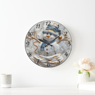 Christmas Snowman in Snowflakes Large Clock