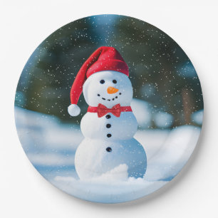 Christmas Snowman In Snowflakes Paper Plate