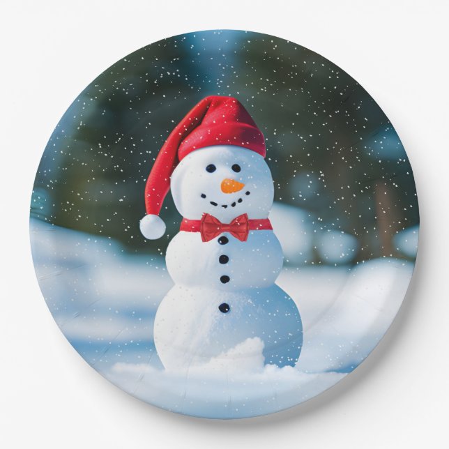 Christmas Snowman In Snowflakes Paper Plate (Front)