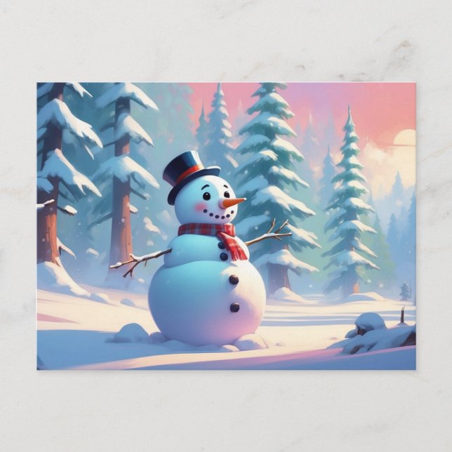 Christmas Snowman in the Winter Forest  Postcard (Front)