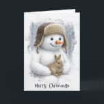 Christmas Snowman In Winter Woods with Bunny Card<br><div class="desc">A snowman cradling a cute rabbit in a beautiful winter forest
All text can be changed.</div>