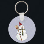 Christmas Snowman Keychain<br><div class="desc">Happy snowman wearing a santa hat with snow floating down around him.</div>