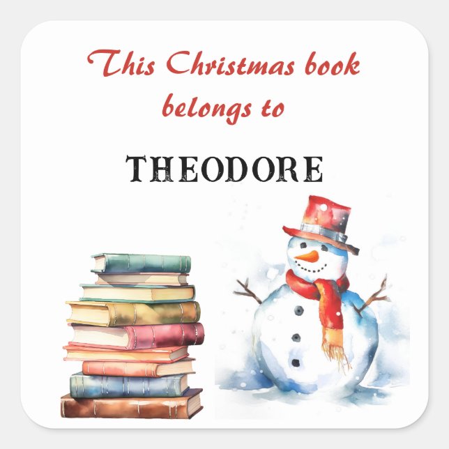 Christmas Snowman Kids This Book Belongs To Name Square Sticker (Front)